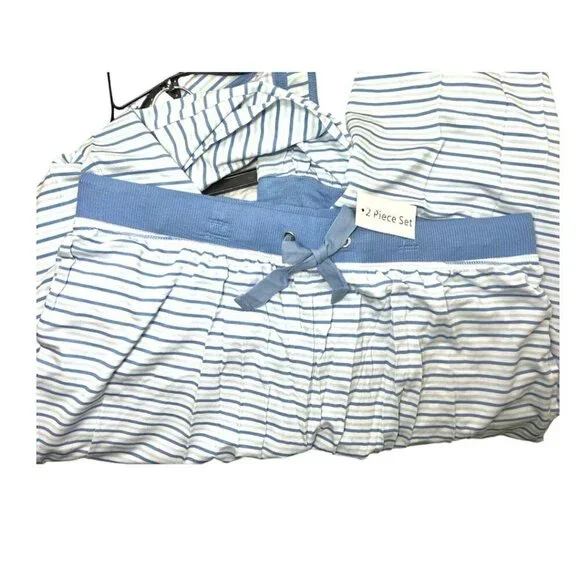 Splendid Womens Blue Striped Split Neck Tank Top Joggers Pajama Sets Sz L NWT
